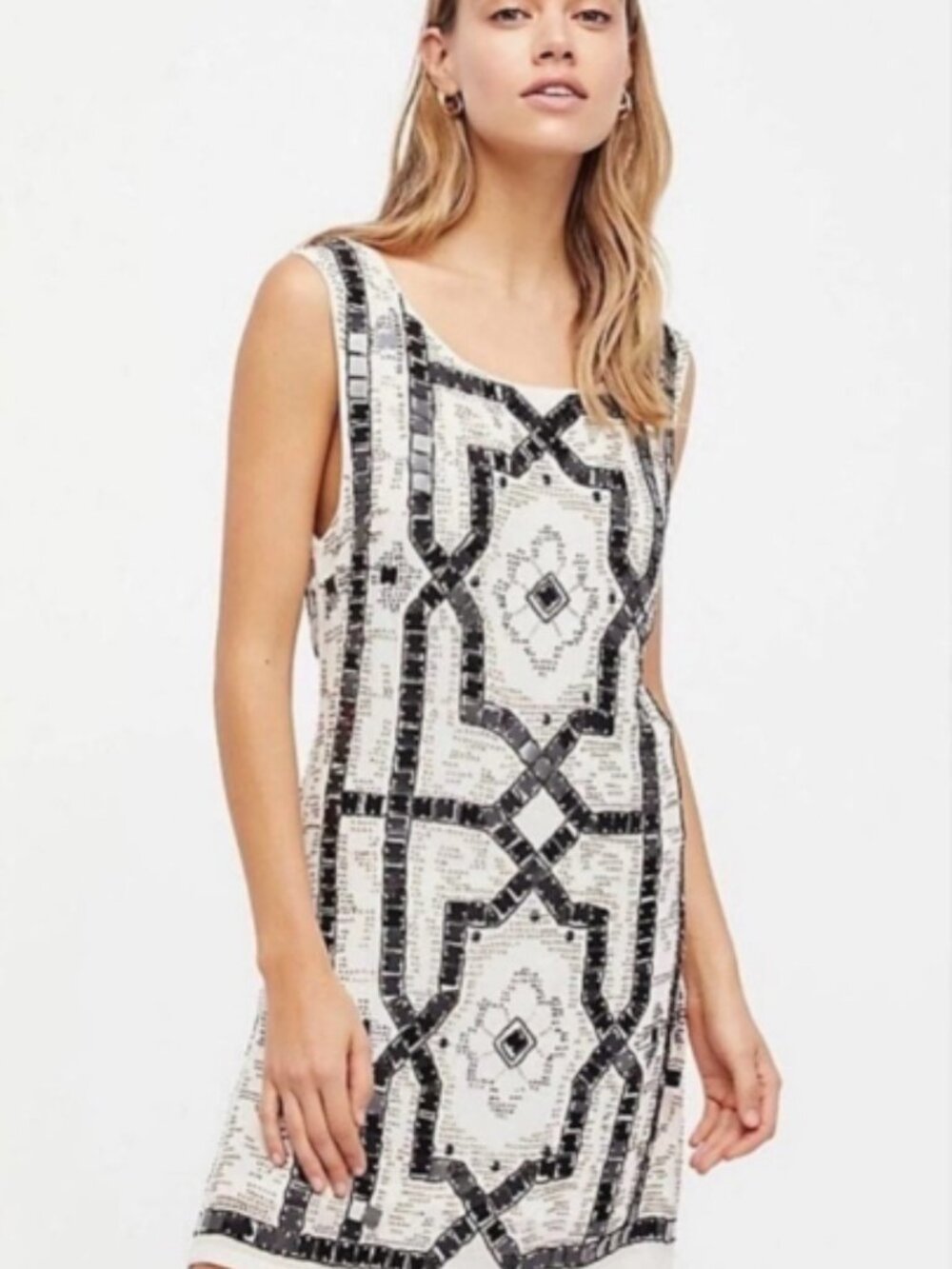 Free People Speak Easy Sequin Beaded Mini Dress Cream Size Small